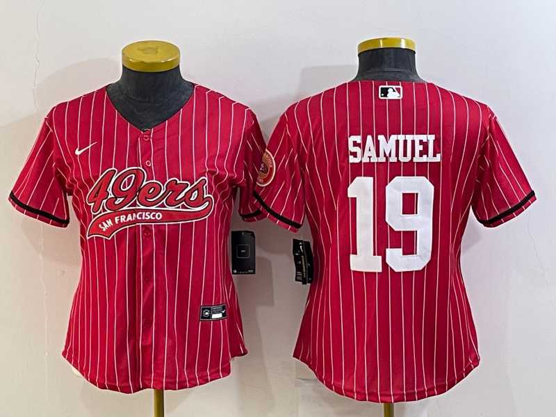 Womens San Francisco 49ers #19 Deebo Samuel Red Pinstripe With Patch Cool Base Stitched Baseball Jersey